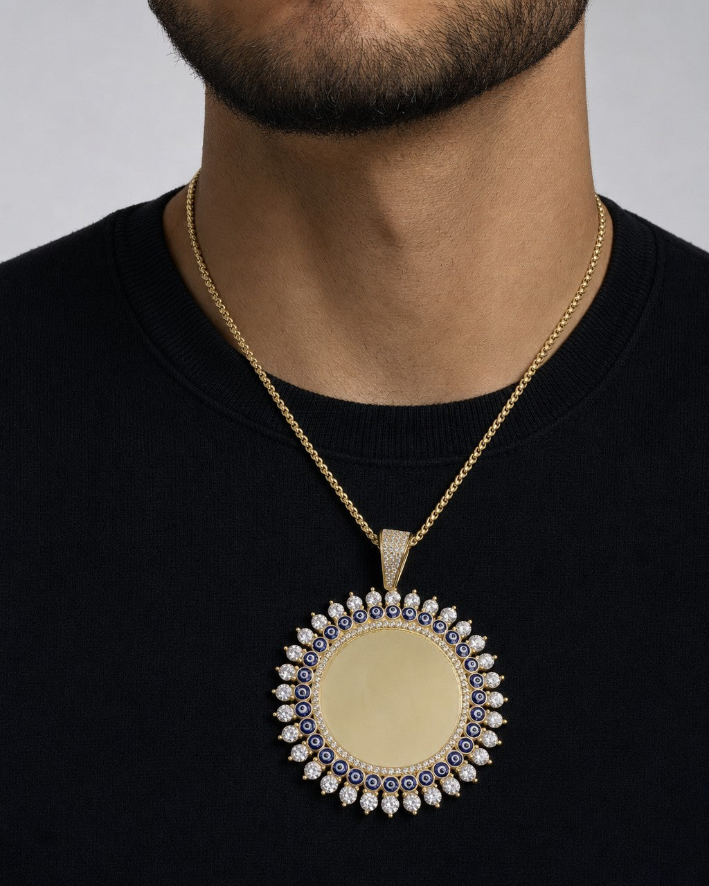 Male model wearing 14K Evil Eyes Circle Picture Photo Pendant