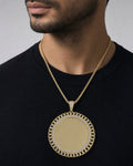 Male model wearing 14K Cuban Round Picture Photo Pendant