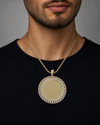 Male model wearing 14K Cuban Circle Picture Photo Pendant