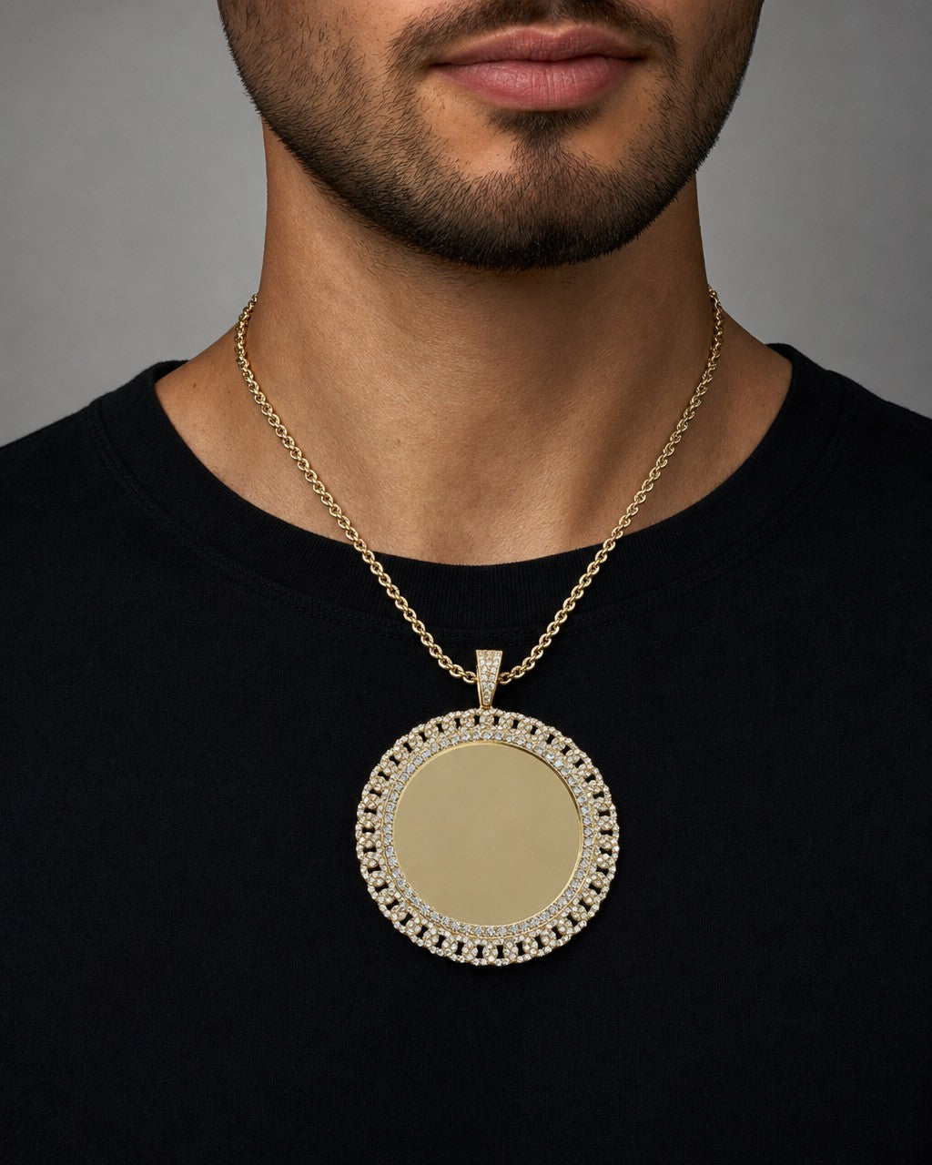Male model wearing 14K Cuban Circle Picture Photo Pendant