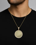 Male model wearing 14K Circle Picture Photo Pendant
