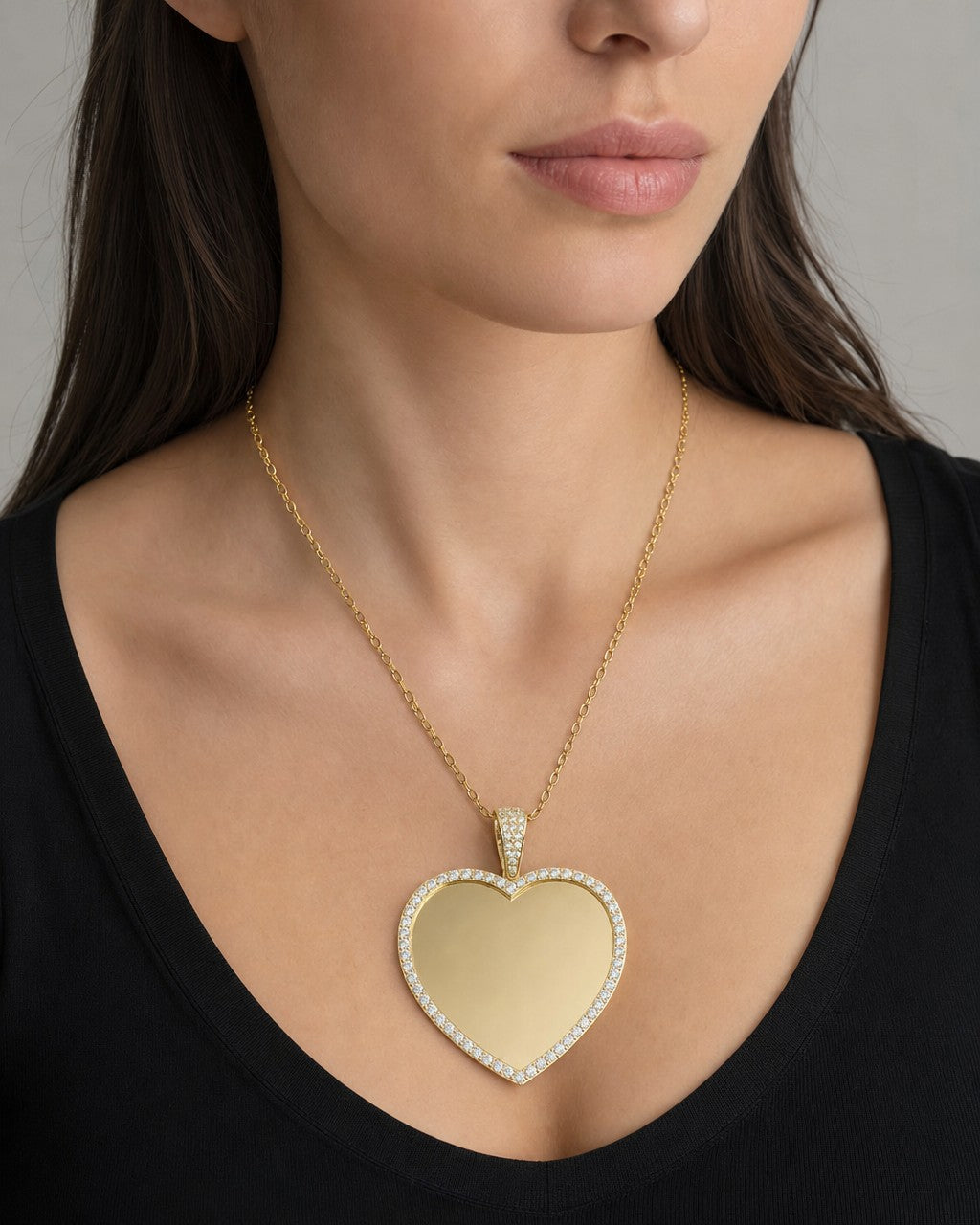 Female model wearing 14K Heart Picture Photo Pendant