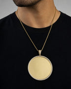 Male model wearing 14K Round Picture Photo Pendant