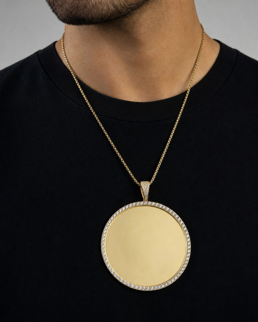Male model wearing 14K Round Picture Photo Pendant