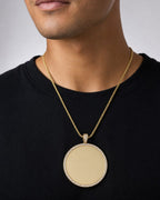 Male model wearing 14K Round Picture Photo Pendant