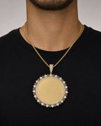 Male model wearing 14K Evil Eyes Picture Photo Pendant