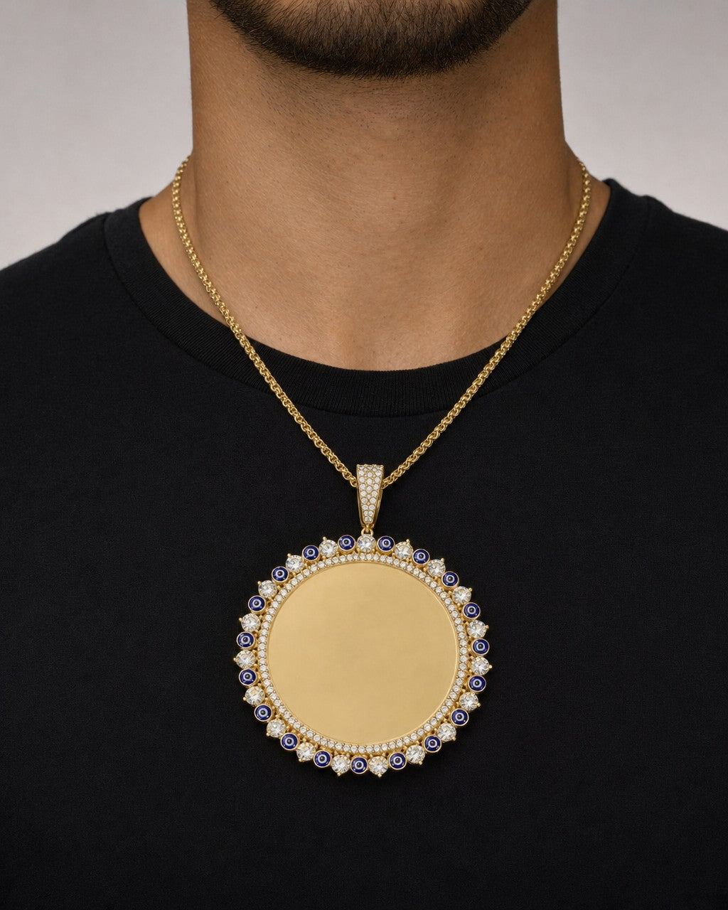 Male model wearing 14K Evil Eyes Picture Photo Pendant