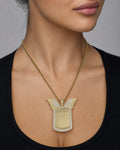 Female model wearing 14K Rectangle Angel Wings Picture Photo Pendant