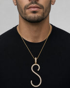 Male model wearing 14k Initial S Large Script Pendant