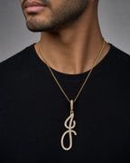 Male model wearing 14k Initial J Large Script Pendant