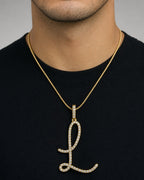 Male model wearing 14k Initial L Large Script Pendant