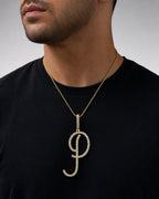 Male model wearing 14k Initial P Large Script Pendant