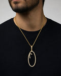 Male model wearing 14k Initial O Large Script Pendant