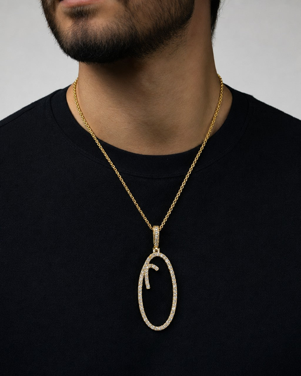 Male model wearing 14k Initial O Large Script Pendant