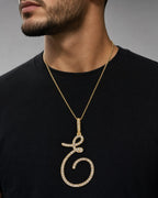 Male model wearing 14k Initial E Large Script Pendant