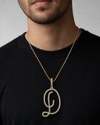 Male model wearing 14k Initial D Large Script Pendant