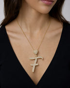 Female model wearing 14k Initial F Script Heart Pendant
