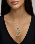 Female model wearing 14k Initial E Script Heart Diamond Pendant