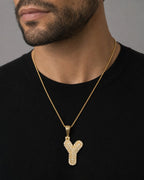 Male model wearing 14k Initial Y Bubble Pendant