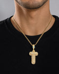 Male model wearing 14k Initial T Bubble Pendant