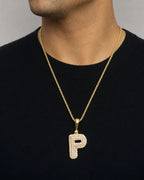 Male model wearing 14k Initial P Bubble Pendant