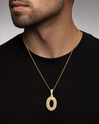 Male model wearing 14k Initial O Bubble Pendant