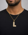 Male model wearing 14k Initial L Bubble Pendant