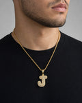 Male model wearing 14k Initial J Bubble Pendant