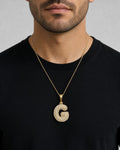 Male model wearing 14k Initial G Bubble Pendant