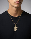 Male model wearing 14k Initial F Bubble Pendant