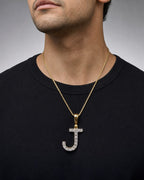 Male model wearing 14k Single Stone Initial J Pendant