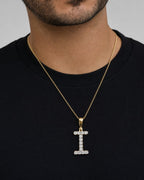 Male model wearing 14k Single Stone Initial I Pendant