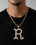 Male model wearing Initial R Old English Pendant