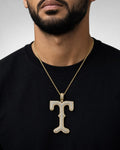 Male model wearing Initial T Old English Pendant