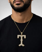 Male model wearing Initial T Old English Pendant