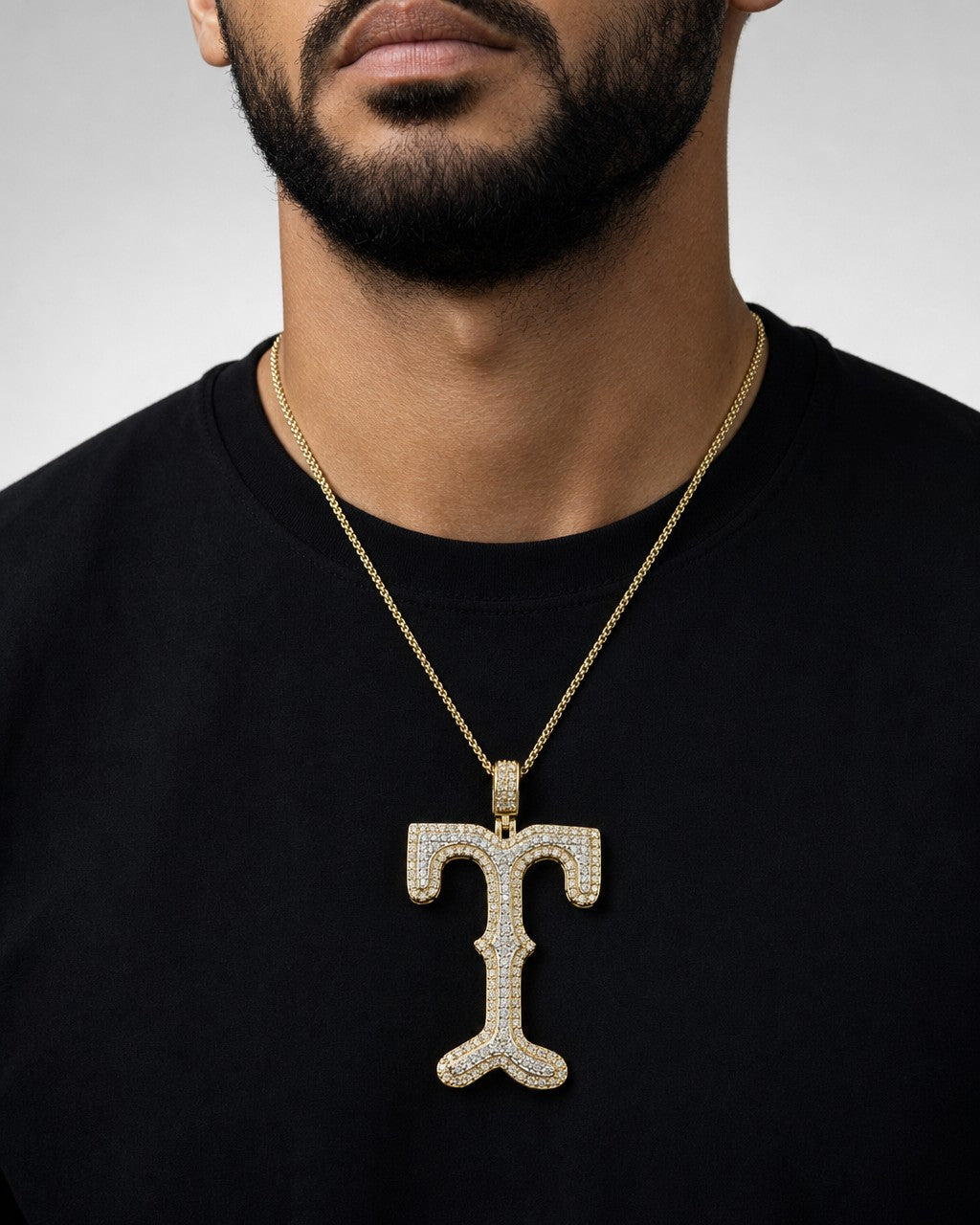 Male model wearing Initial T Old English Pendant