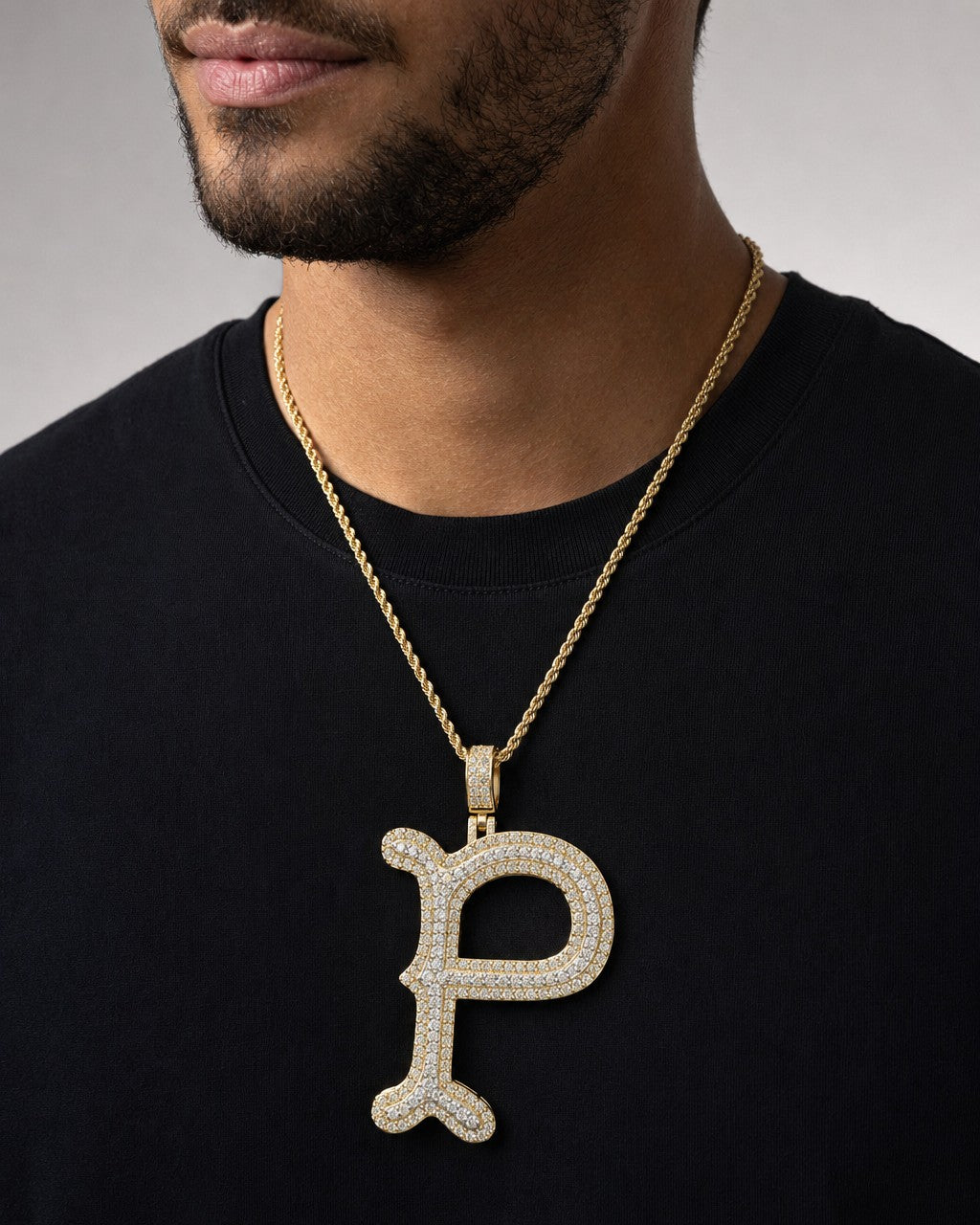 Male model wearing Initial P Old English Pendant