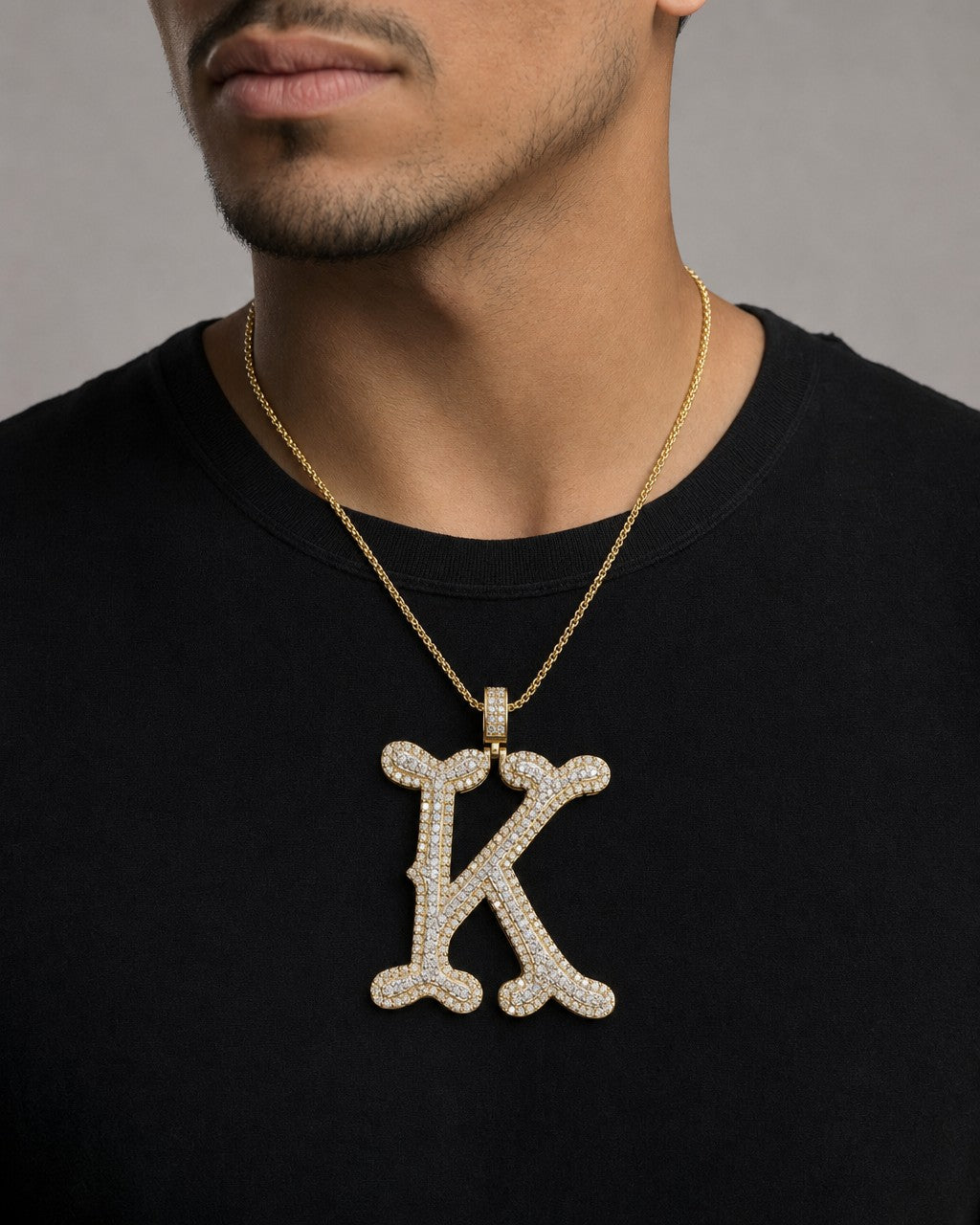 Male model wearing Initial K Old English Pendant