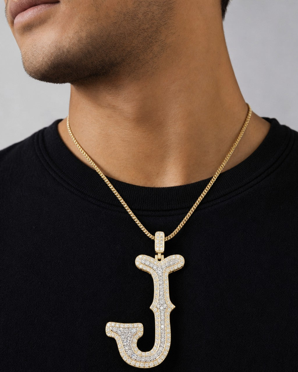 Male model wearing Initial J Old English Pendant