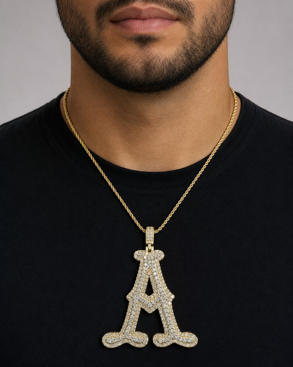 Male model wearing Initial A Old English Pendant