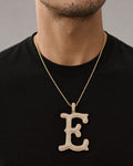 Male model wearing Initial E Old English Pendant