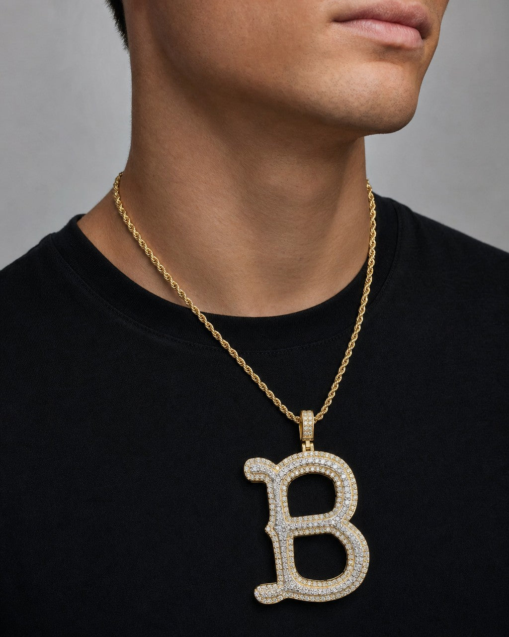 Male model wearing Initial B Old English Pendant