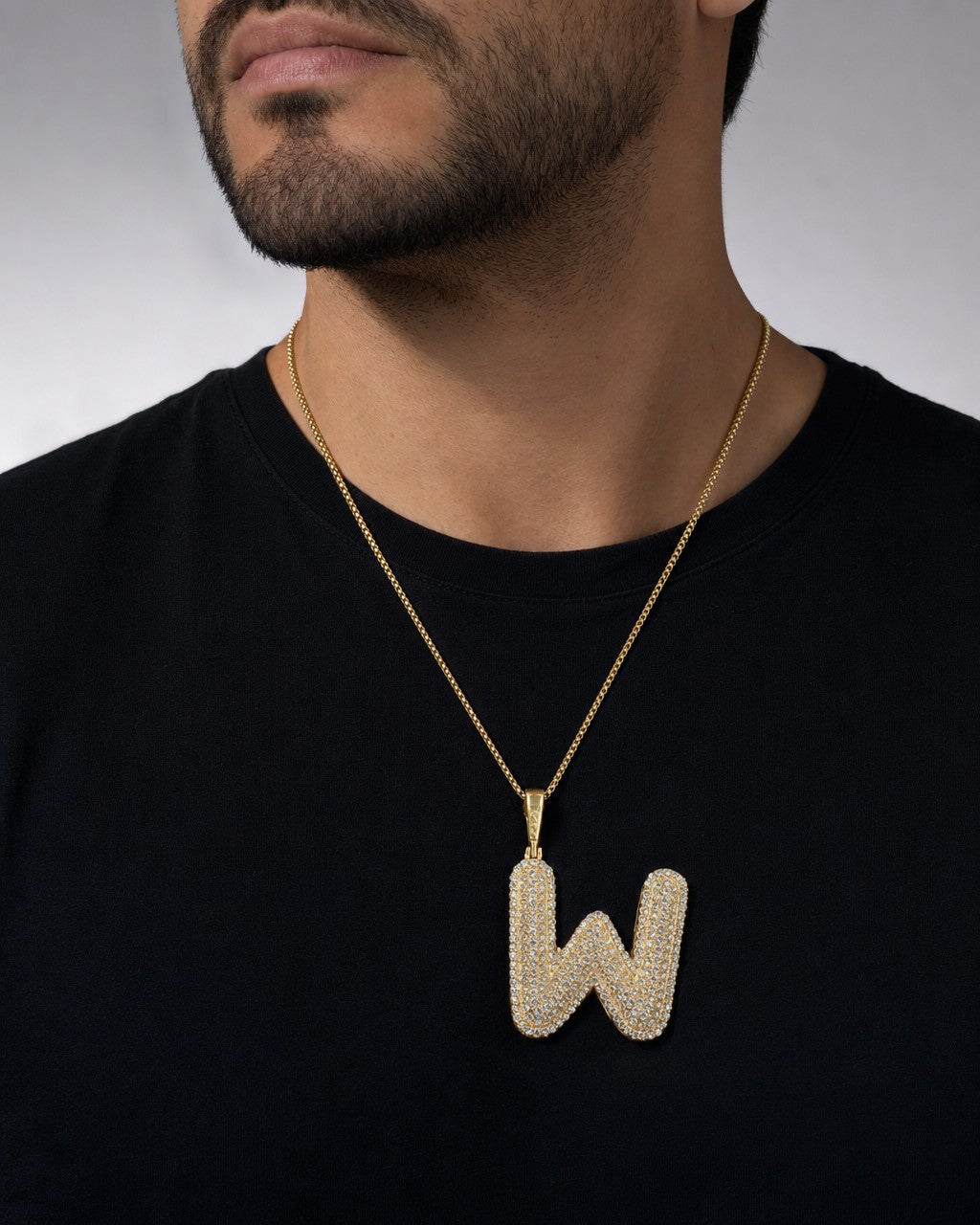 Male model wearing Initial W Bubble Pendant
