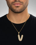 Male model wearing Initial V Bubble Pendant