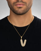 Male model wearing Initial V Bubble Pendant