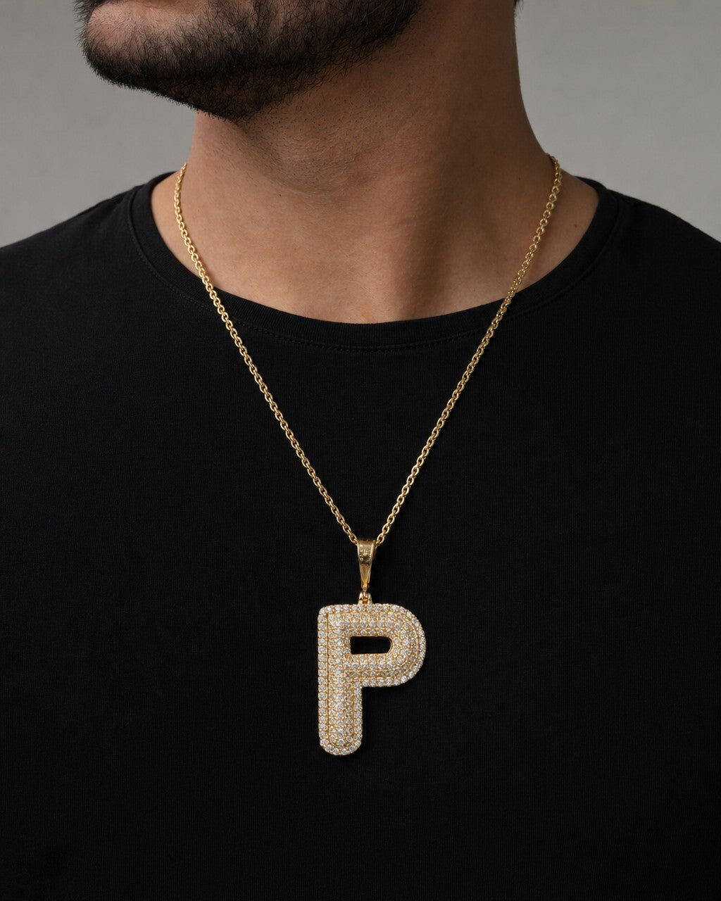 Male model wearing Initial P Bubble Pendant