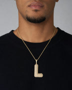Male model wearing Initial L Bubble Pendant