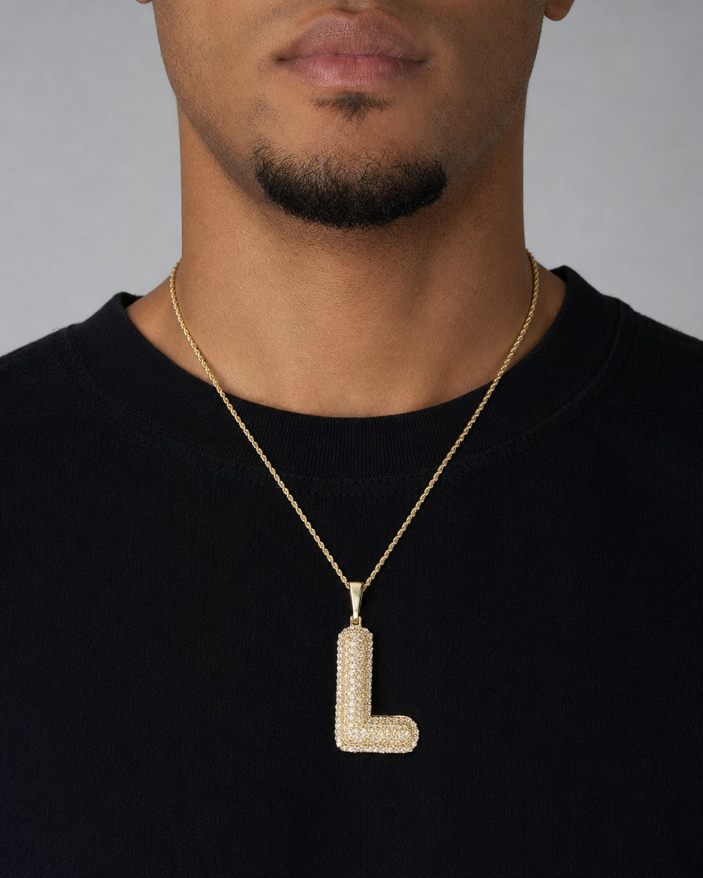 Male model wearing Initial L Bubble Pendant