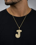 Male model wearing Initial J Bubble Pendant