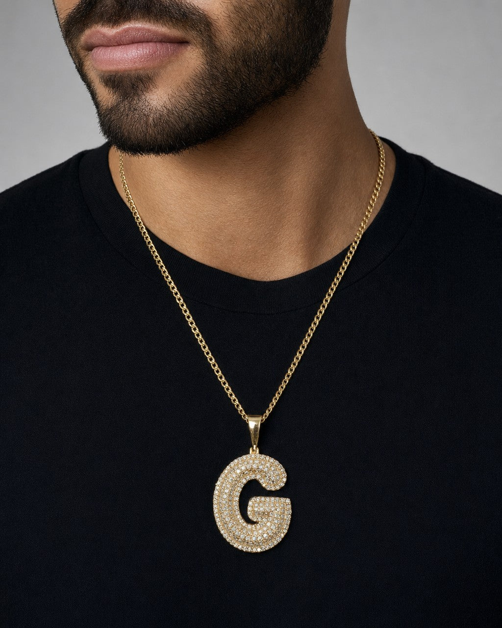 Male model wearing Initial G Bubble Pendant